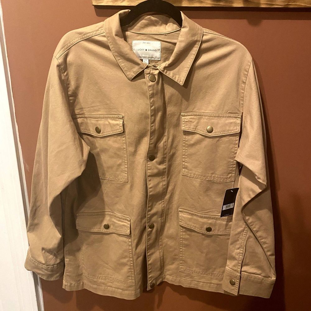 NWT LUCKY BRAND MEN'S FOUR POCKET UTILITY MILITARY JACKET KHAKI TAN SIZE LARGE